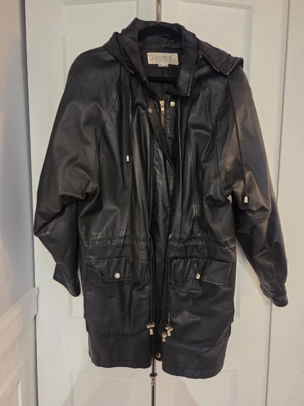 Vintage 90s Comint Womens 1X Black Genuine Leather Hooded Parka Coat Y2K